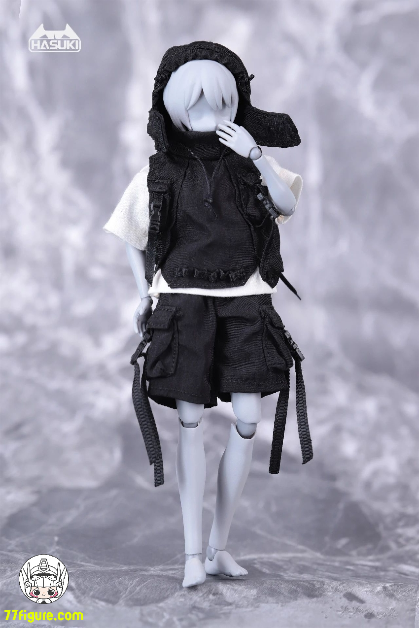 【品切れ】HASUKI 1/12 CS012A ハーフパンツ(黒)&ジャケット(黒)& T シャツ(白)セット アクションフィギュア用衣装